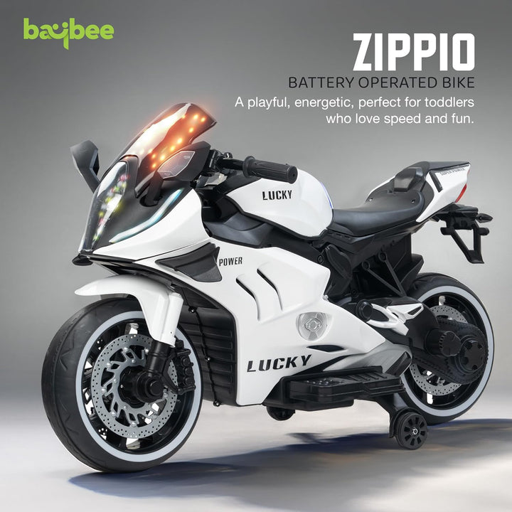 KIDZON Zippio Baby Battery Operated Bike for Kids with Hand Accelerator & Music | Rechargeable Ride on Toy Bike with Training Wheels & LED Light | Electric Bike for Kids to Drive 2 to 8 Years