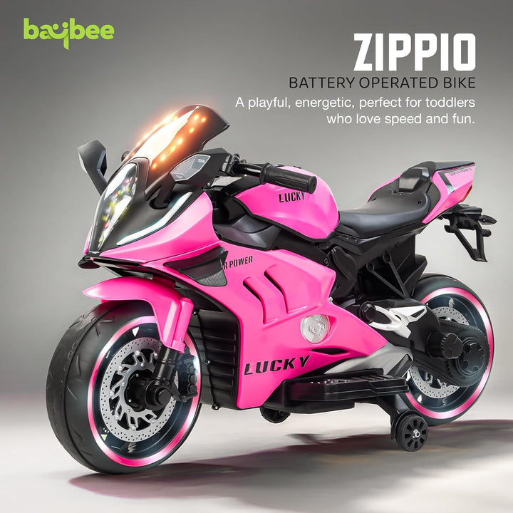KIDZON Zippio Baby Battery Operated Bike for Kids with Hand Accelerator & Music | Rechargeable Ride on Toy Bike with Training Wheels & LED Light | Electric Bike for Kids to Drive 2 to 8 Years