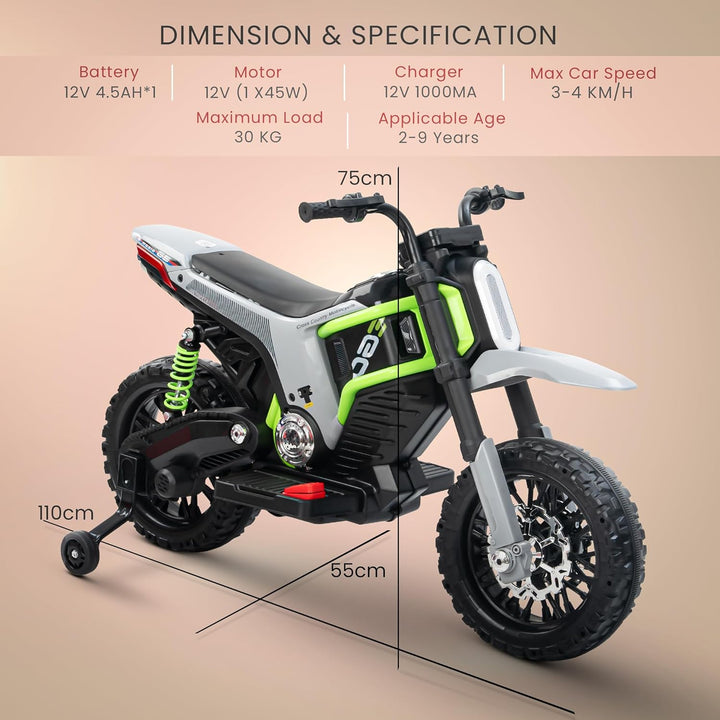 Kidzon Motocross Electric Bike for Kids, Ride on Toys Kid's Bikes with LED Light & Music | Rechargeable Baby Bike | Battery Operated Bike for Kids to Drive 2 to 9 Years Boys Girl
