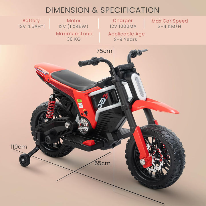 Kidzon Motocross Electric Bike for Kids, Ride on Toys Kid's Bikes with LED Light & Music | Rechargeable Baby Bike | Battery Operated Bike for Kids to Drive 2 to 9 Years Boys Girl