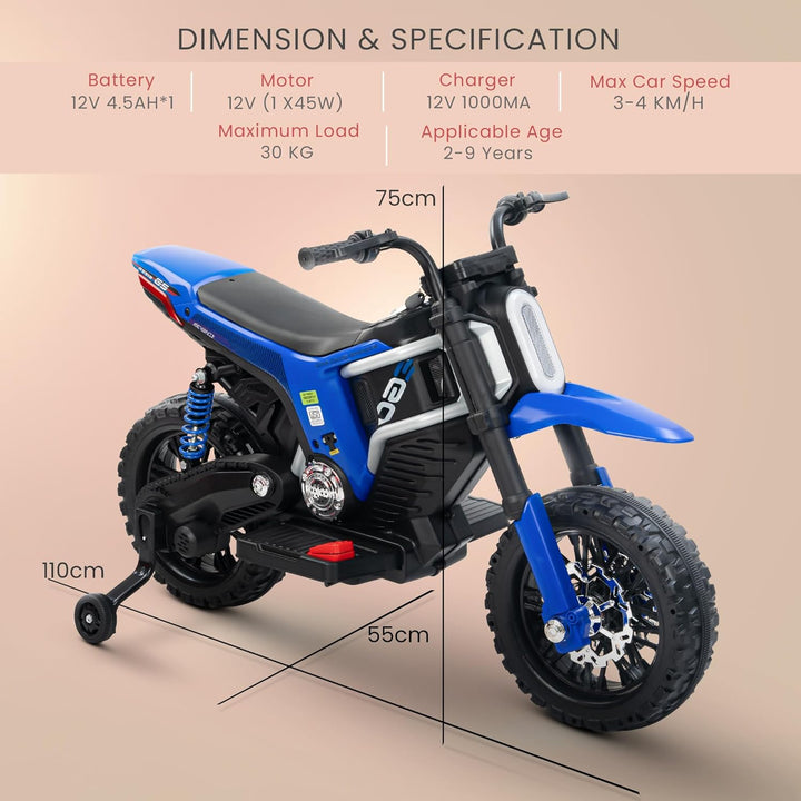Kidzon Motocross Electric Bike for Kids, Ride on Toys Kid's Bikes with LED Light & Music | Rechargeable Baby Bike | Battery Operated Bike for Kids to Drive 2 to 9 Years Boys Girl