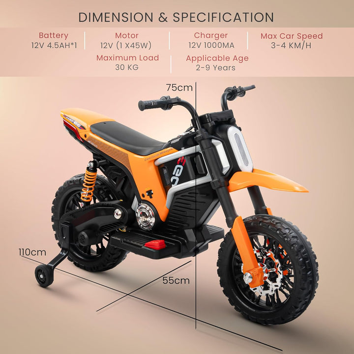 Kidzon Motocross Electric Bike for Kids, Ride on Toys Kid's Bikes with LED Light & Music | Rechargeable Baby Bike | Battery Operated Bike for Kids to Drive 2 to 9 Years Boys Girl