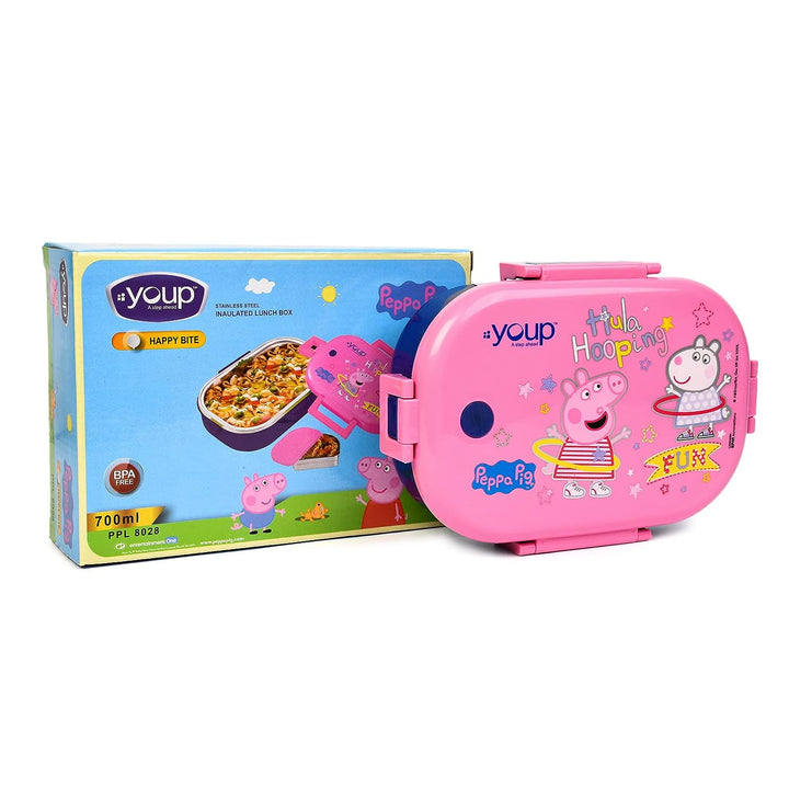 YOUP Stainless Steel Pink Color Peppa Pig Theme Kids Lunch Box Happy BITE 700 ml