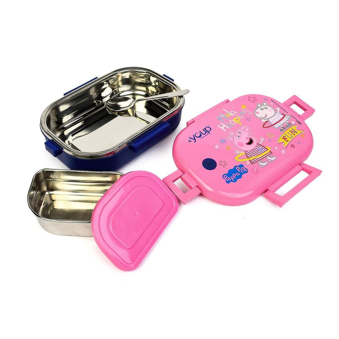 YOUP Stainless Steel Pink Color Peppa Pig Theme Kids Lunch Box Happy BITE 700 ml