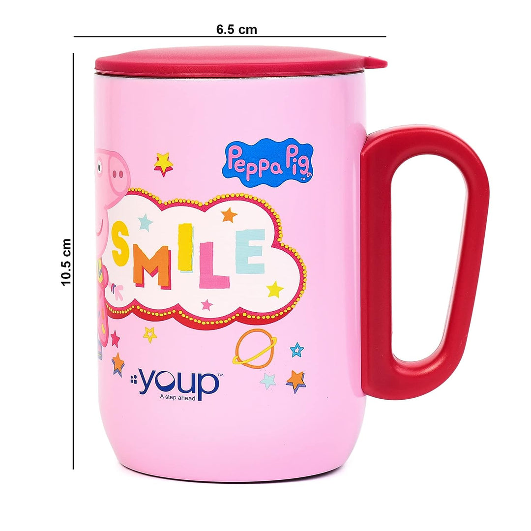 YOUP Stainless Steel Pink Color Peppa Pig Smile Kids Insulated Mug with Cap - 320 ml