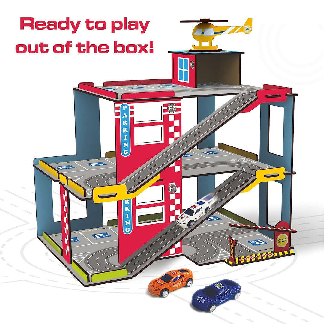 Webby Multilevel Parking Garage Playset with 3 Pullback Metal Cars, Parking Gate, Sign Boards and Helicopter for Boys and Girls