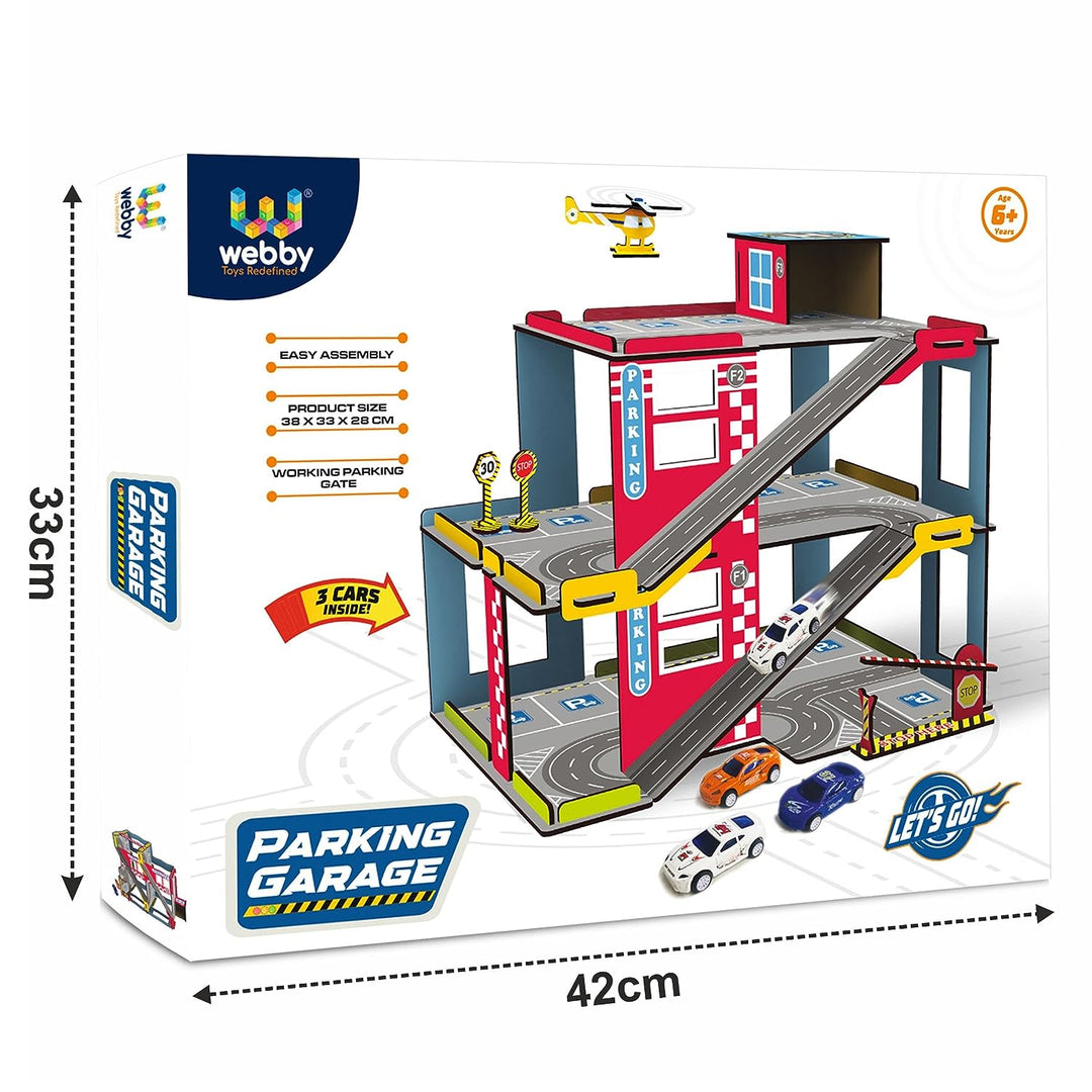 Webby Multilevel Parking Garage Playset with 3 Pullback Metal Cars, Parking Gate, Sign Boards and Helicopter for Boys and Girls