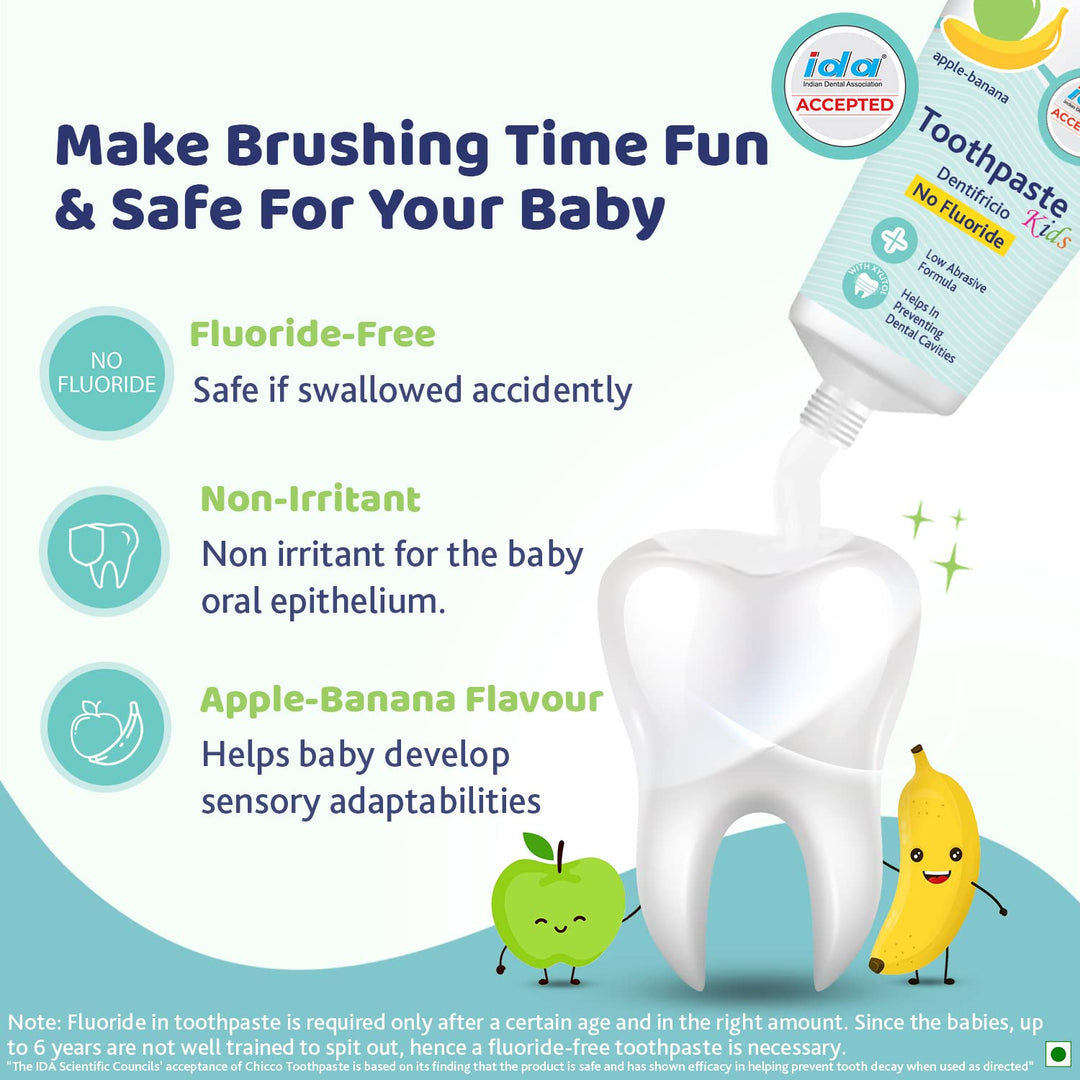 Chicco Toothpaste, Applebanana Flavour for 6m to 6Y Baby, Fluoride-Free, Preservative-Free,Cavity Protection (50 Millilitre)