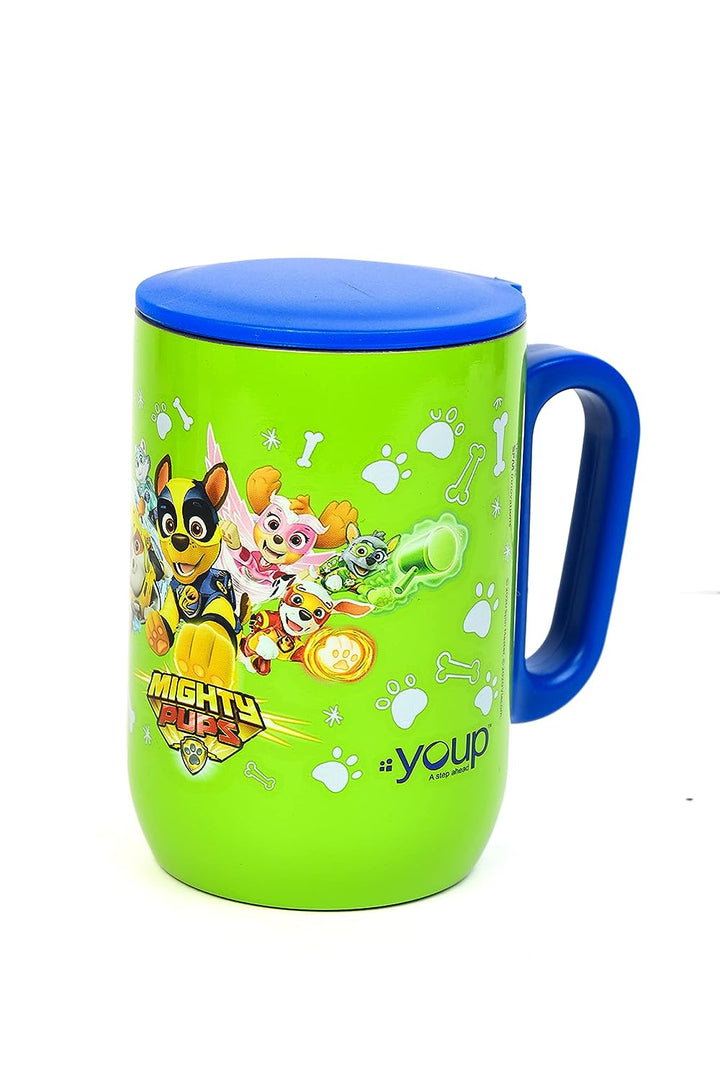 YOUP Stainless Steel Green Color Paw Patrol Mighty pups Kids Insulated Mug with Cap - 320 ml