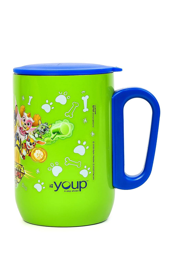 YOUP Stainless Steel Green Color Paw Patrol Mighty pups Kids Insulated Mug with Cap - 320 ml