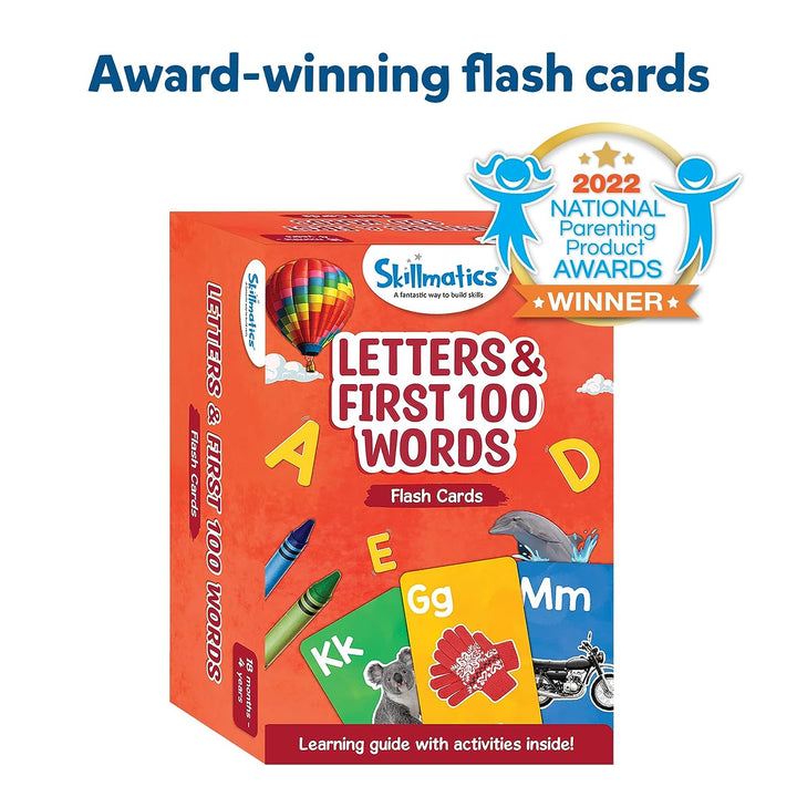 Skillmatics Thick Flash Cards for Toddlers - Letters & First 100 Words, 3 in 1 Educational Game, Includes Learning Activities for 18 Months to 4 Years - 100 Pictures