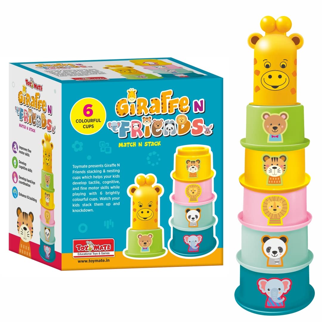 Toymate Stacking Cups with Shapes, Animals & Colors Recognition - Giraffe N Friends Game for Toddler Kids