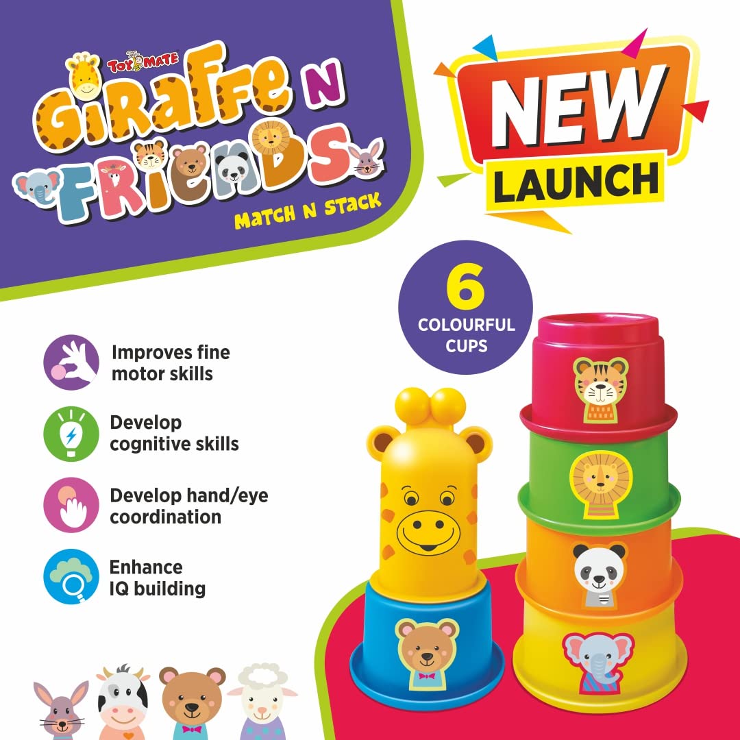 Toymate Stacking Cups with Shapes, Animals & Colors Recognition - Giraffe N Friends Game for Toddler Kids