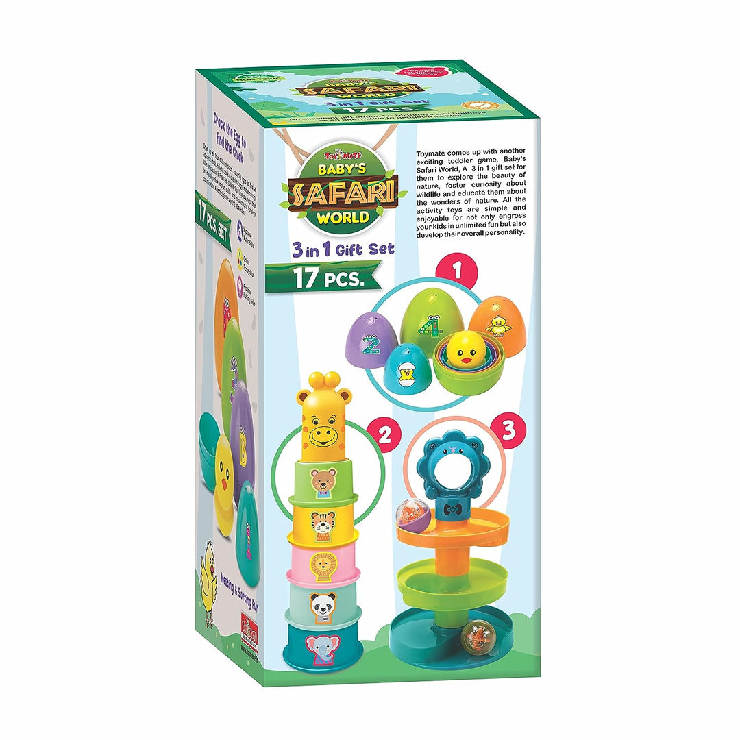 Toymate Baby’s Safari World - 17 pcs Ultimate Toddler Games Gifts Set - Stacking Cups, Nesting, Rolling - Montessori Fine Motor Skills for 1 Year & Above