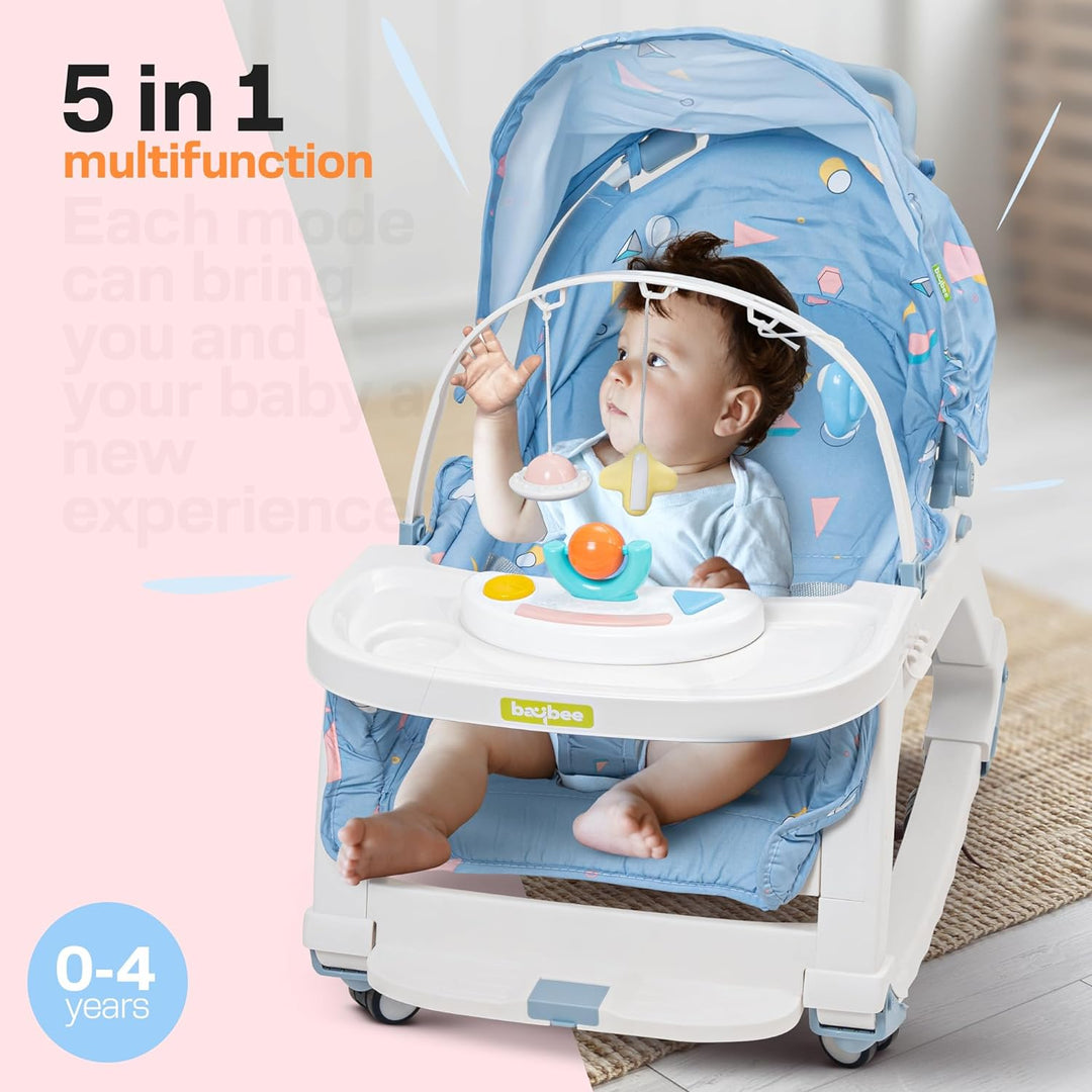 5 in 1 Baby Rocking Chair for Kids with Hanging Toys,Multi Position Recline, Music, Wheels & Food Tray