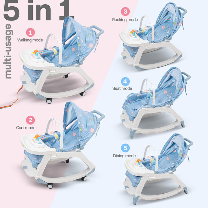 5 in 1 Baby Rocking Chair for Kids with Hanging Toys | Baby Dining Booster Seat with Multi Position Recline, Music, Wheels & Food Tray | Rocker Chair for Babies 0 to 2 Years Boys Girls (Blue)