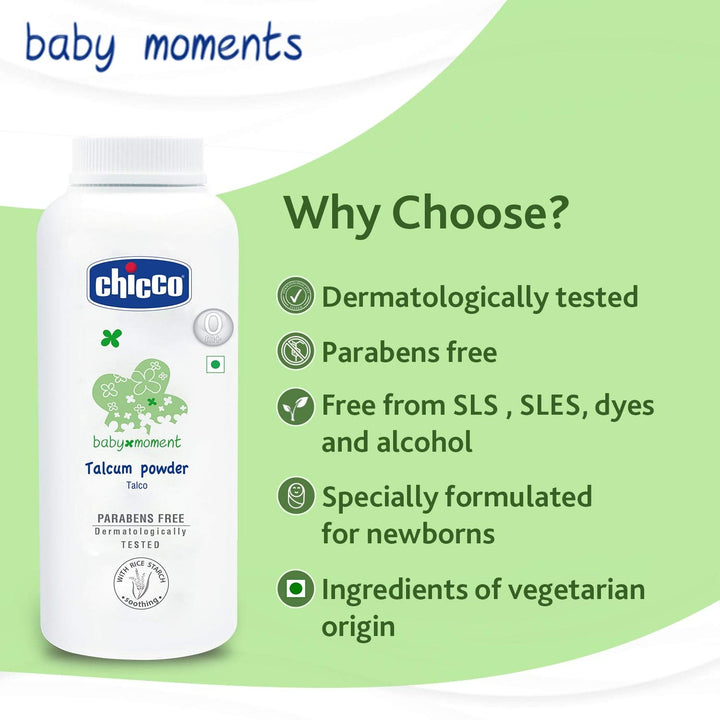 Chicco Baby Moments Talcum Powder, Soothes & Moisturises Baby’s Skin, Vegetarian, Dermatologically tested, Paraben free, 0m+
