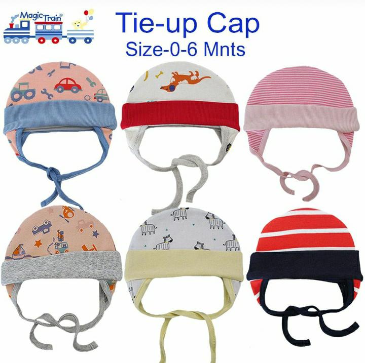 Baby Boys & Baby Girls Cute Print Design Soft Hosiery Ear Flap Tie Up & Knot Cap (Multicolor Set of 3)(0-6M)