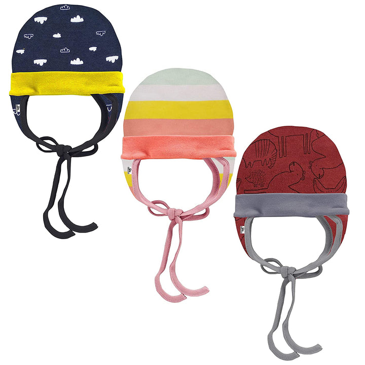 Baby Boys & Baby Girls Cute Print Design Soft Hosiery Ear Flap Tie Up & Knot Cap (Multicolor Set of 3)(0-6M)