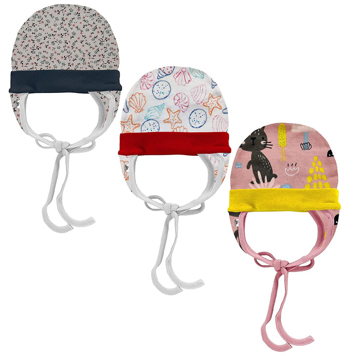 Baby Boys & Baby Girls Cute Print Design Soft Hosiery Ear Flap Tie Up & Knot Cap (Multicolor Set of 3)(0-6M)
