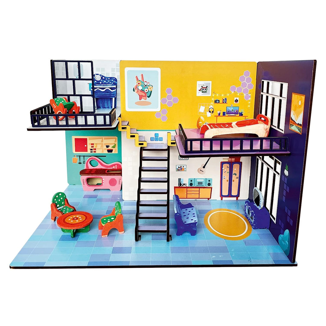 Webby DIY Play Town Wooden Doll House for Girls, Toys for Girls, Big Doll House with Furniture & Painting Kit, Multicolor