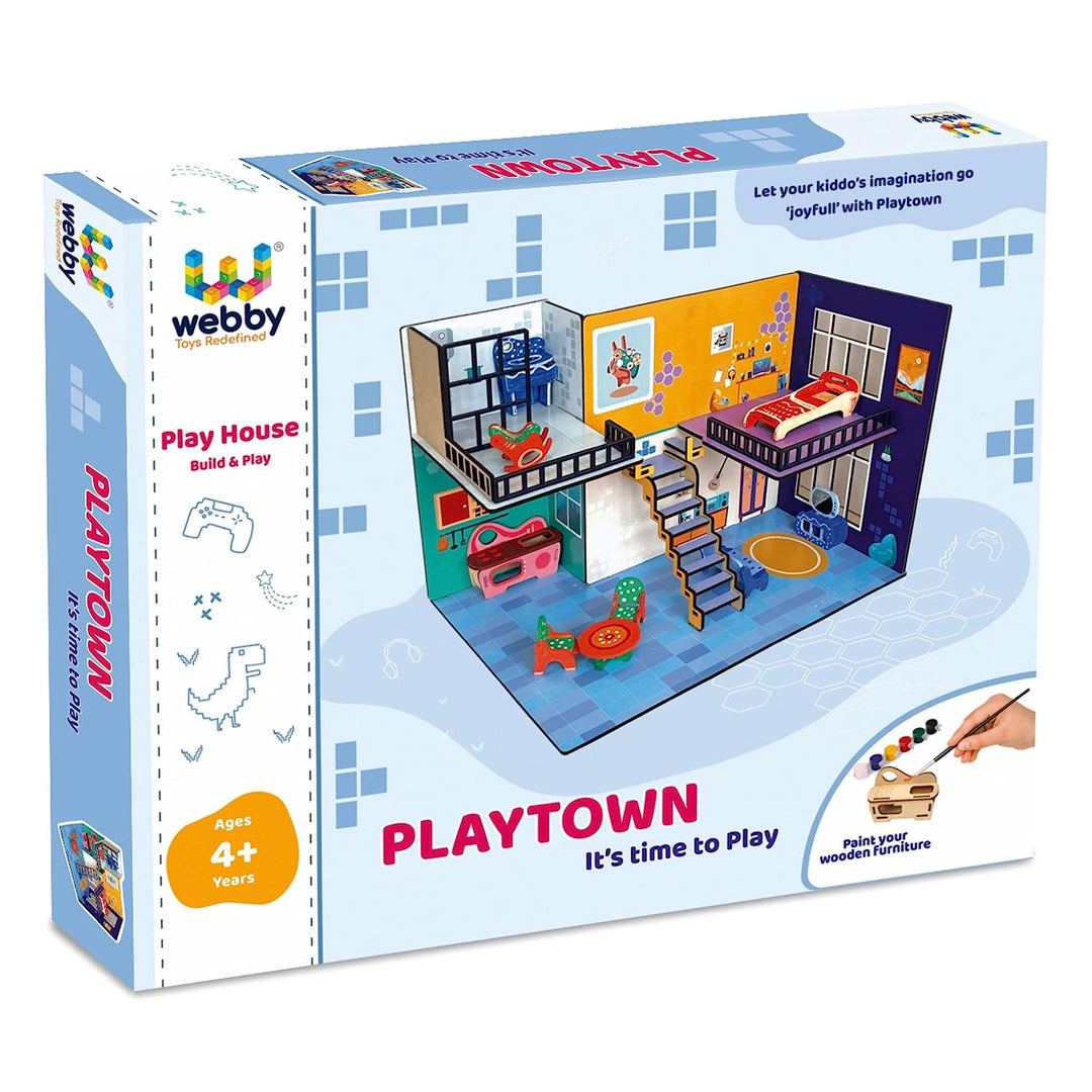 Webby DIY Play Town Wooden Doll House for Girls, Toys for Girls, Big Doll House with Furniture & Painting Kit, Multicolor