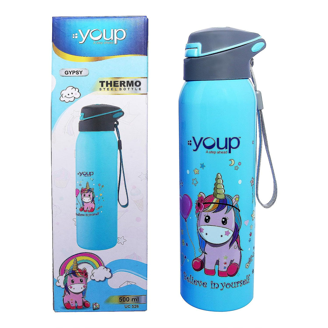 Youp Stainless Steel Sky Blue Color Unicorn Kids Insulated Double Wall Sipper Bottle Gypsy - 500 ml…