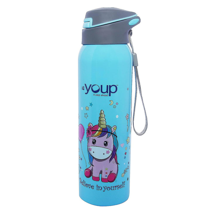 Youp Stainless Steel Sky Blue Color Unicorn Kids Insulated Double Wall Sipper Bottle Gypsy - 500 ml…