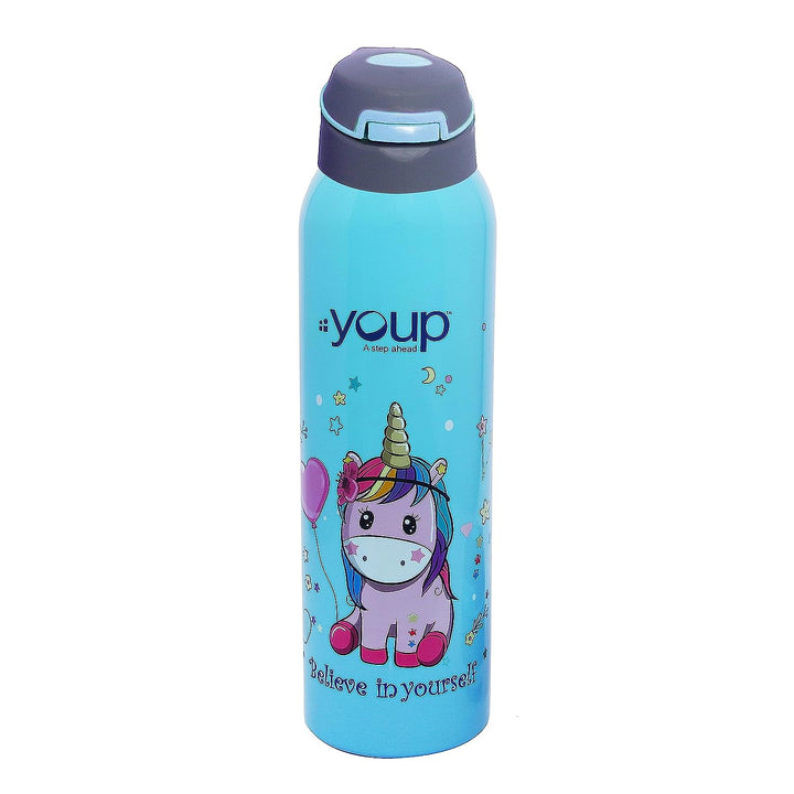 Youp Stainless Steel Sky Blue Color Unicorn Kids Insulated Double Wall Sipper Bottle Gypsy - 500 ml…