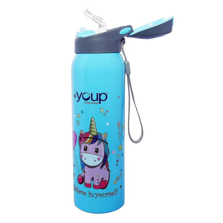 Youp Stainless Steel Sky Blue Color Unicorn Kids Insulated Double Wall Sipper Bottle Gypsy - 500 ml…