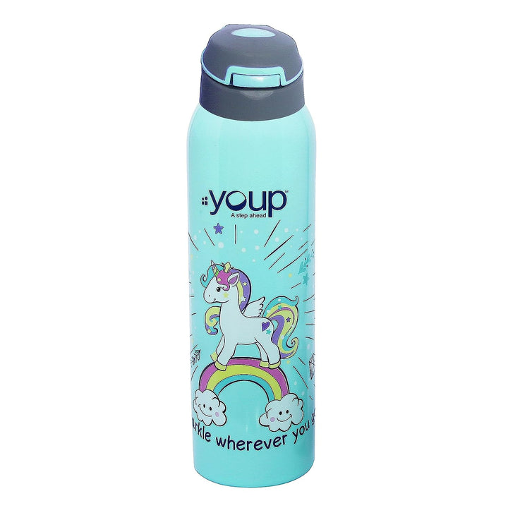 Youp Stainless Steel Sky Blue Color Unicorn Kids Insulated Double Wall Sipper Bottle Gypsy - 500 ml…