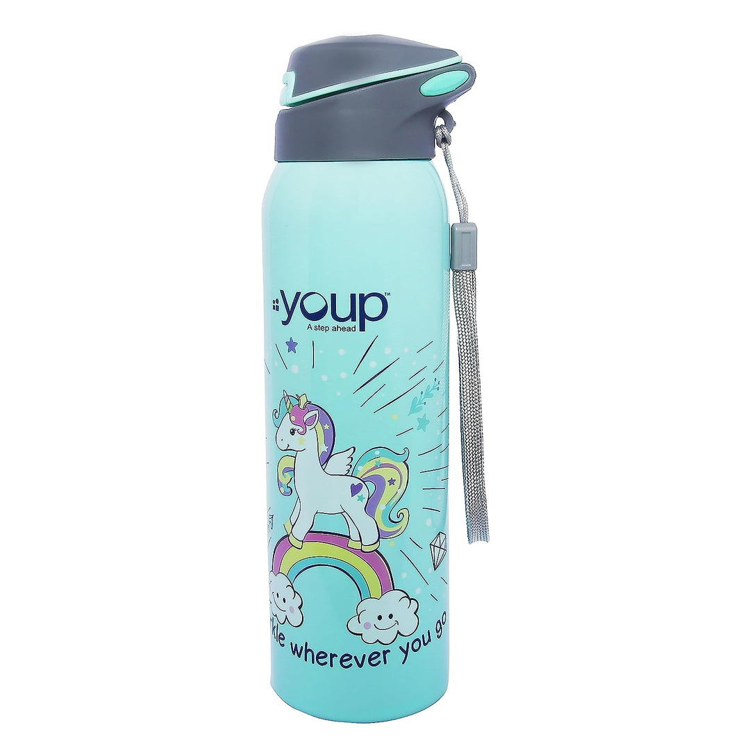 Youp Stainless Steel Sky Blue Color Unicorn Kids Insulated Double Wall Sipper Bottle Gypsy - 500 ml…