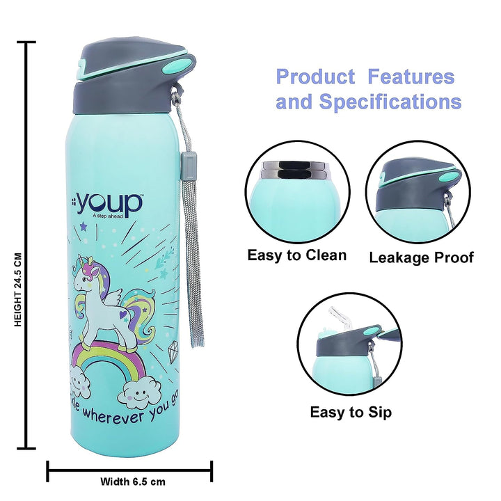 Youp Stainless Steel Sky Blue Color Unicorn Kids Insulated Double Wall Sipper Bottle Gypsy - 500 ml…