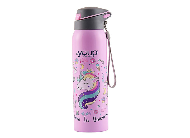 Youp Stainless Steel Sky Blue Color Unicorn Kids Insulated Double Wall Sipper Bottle Gypsy - 500 ml…