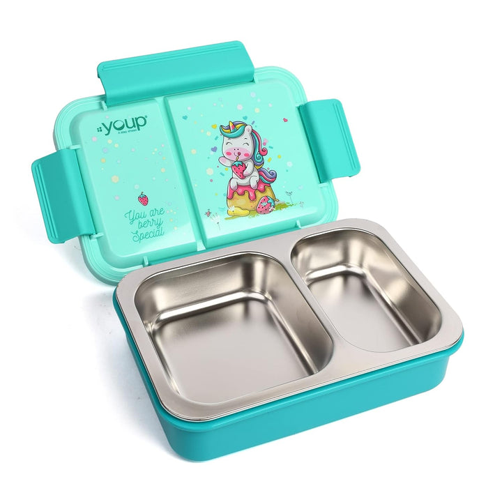 YOUP Stainless Steel Sea Green Color Unicorn Theme Kids Bento Lunch Box With 2 Compartments PICNIC-750 ml