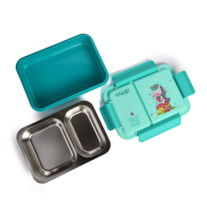 YOUP Stainless Steel Sea Green Color Unicorn Theme Kids Bento Lunch Box With 2 Compartments PICNIC-750 ml