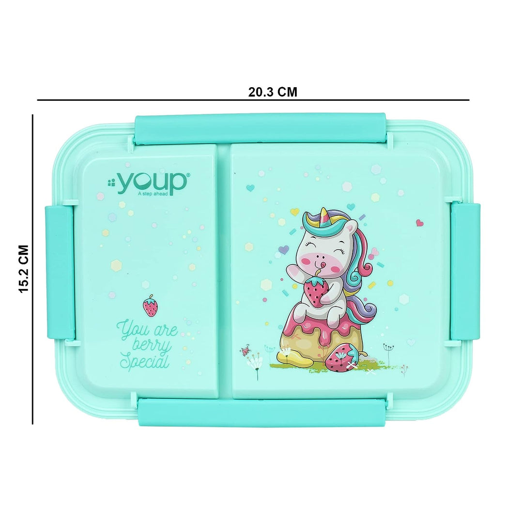 YOUP Stainless Steel Sea Green Color Unicorn Theme Kids Bento Lunch Box With 2 Compartments PICNIC-750 ml