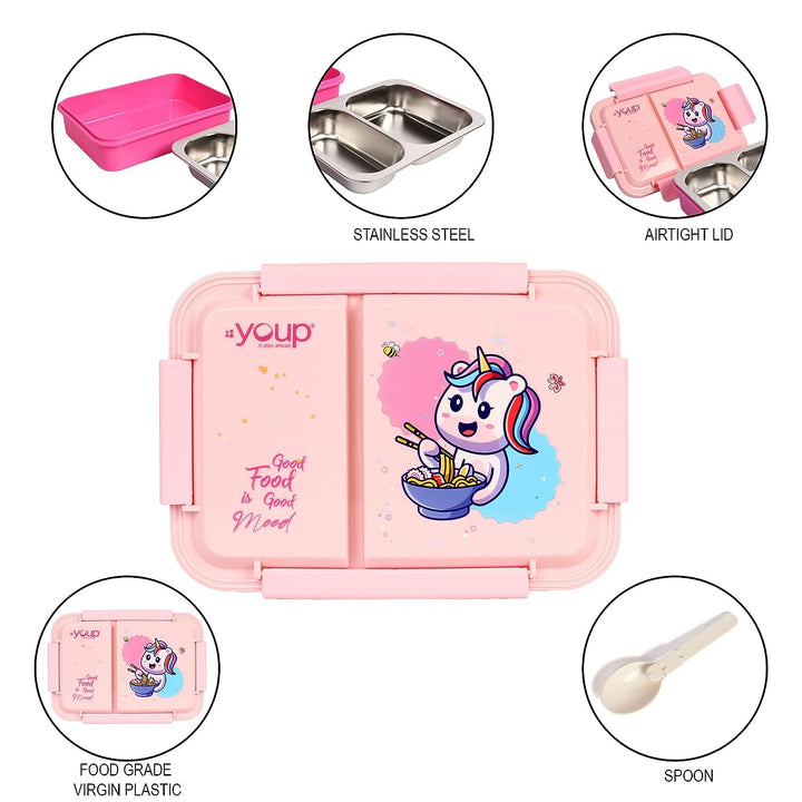 YOUP Stainless Steel Sea Green Color Unicorn Theme Kids Bento Lunch Box With 2 Compartments PICNIC-750 ml
