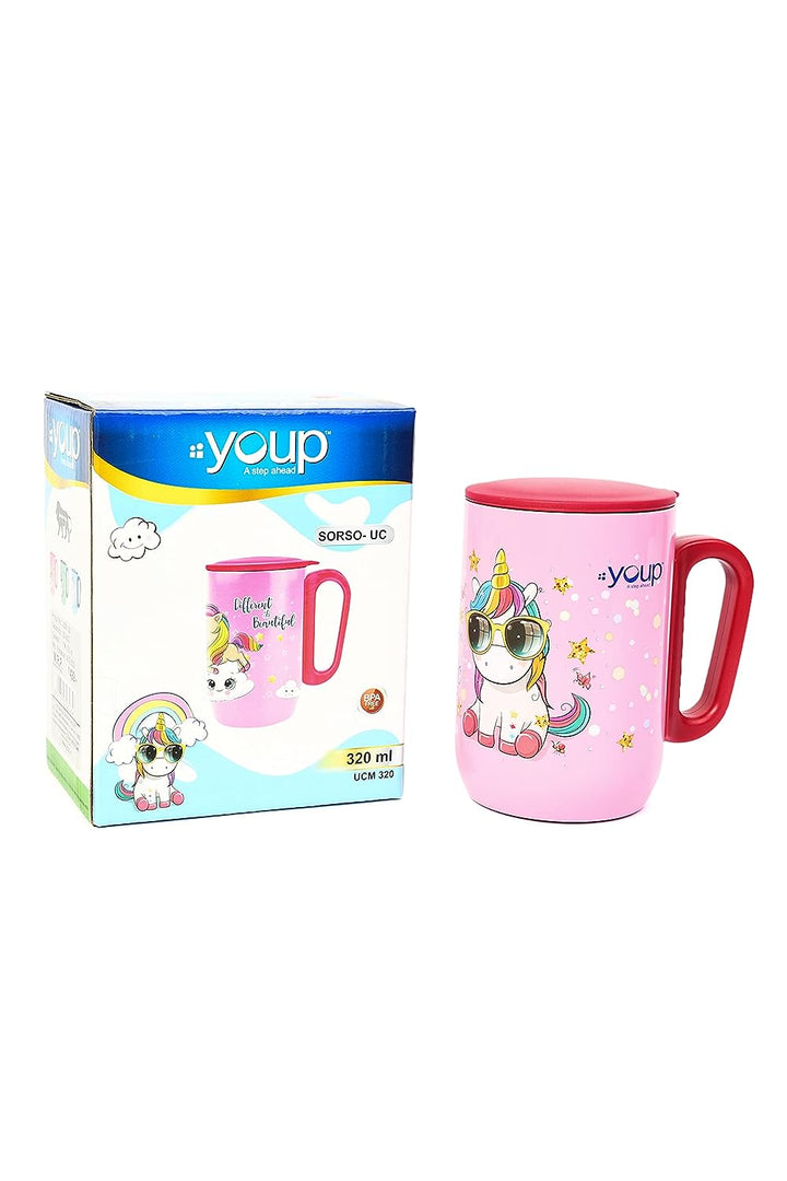 YOUP Stainless Steel Pink Color Unicorn Believe in Magic Kids Insulated Mug with Cap - 320 ml