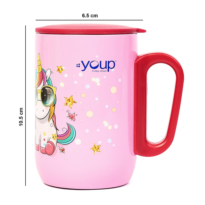 YOUP Stainless Steel Pink Color Unicorn Believe in Magic Kids Insulated Mug with Cap - 320 ml