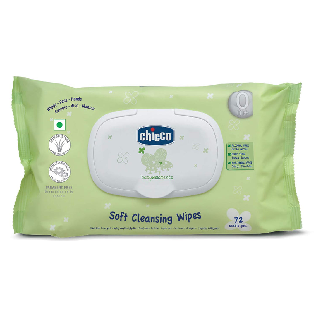 Chicco Baby Moments Soft Cleansing Baby Wipes, Ideal for Nappy, Face and Hand, Dermatologically Tested, Paraben Free, Flip top (72 Sheets)
