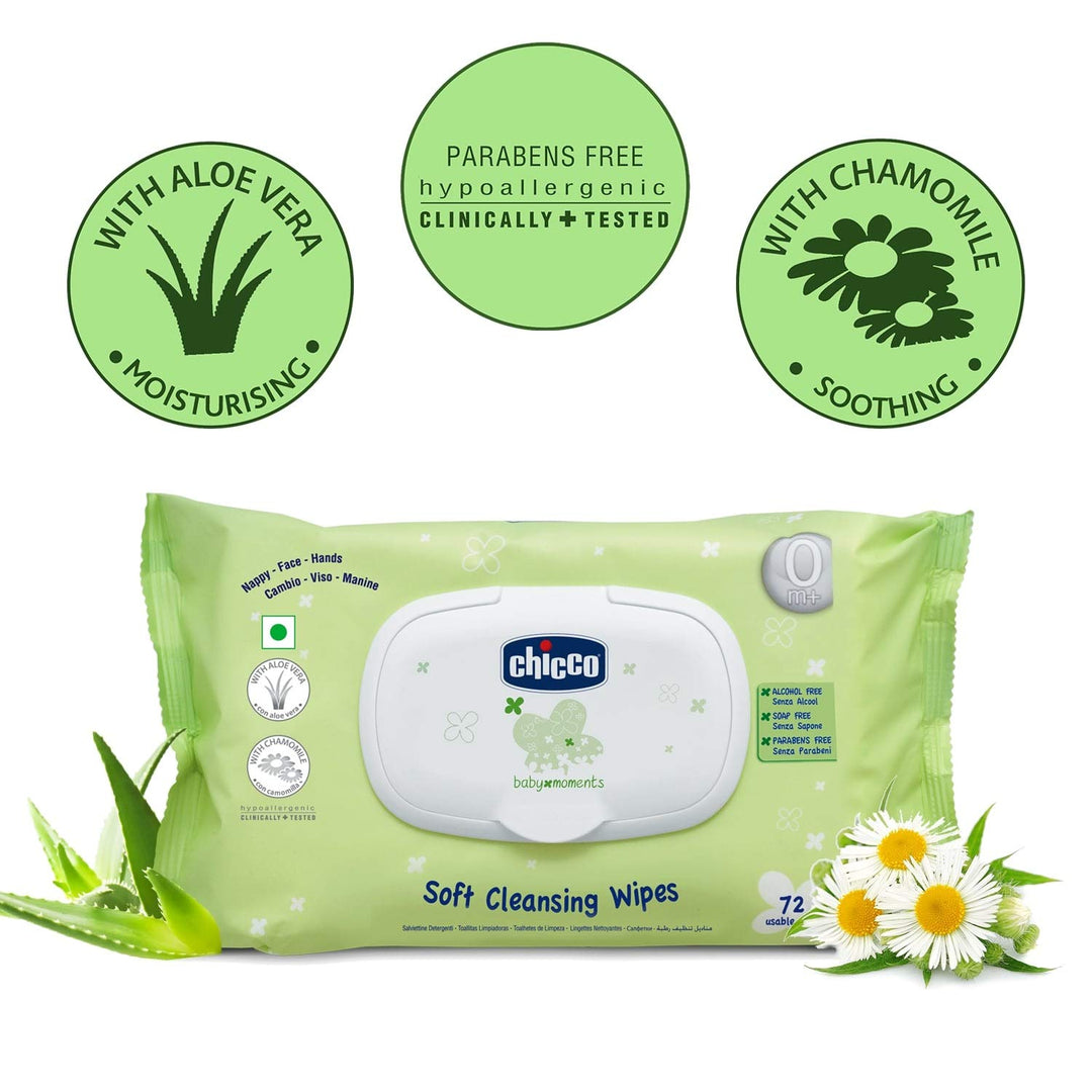 Chicco Baby Moments Soft Cleansing Baby Wipes, Ideal for Nappy, Face and Hand, Dermatologically Tested, Paraben Free, Flip top (72 Sheets)