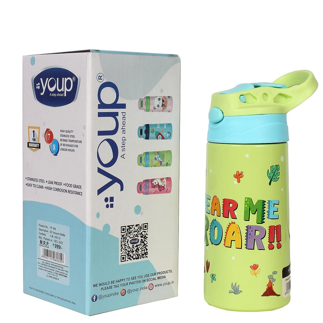 Youp Stainless Steel Insulated Blue Color Space Theme Kids Anti-dust Sipper Bottle Tinkler - 400 ml