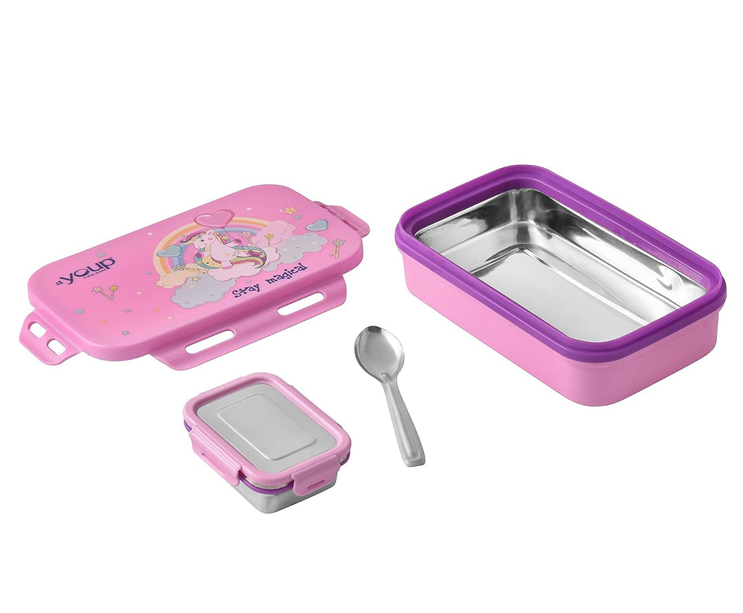 YOUP Stainless Steel Pink Color Unicorn Theme Kids Lunch Box Interval - 500 ml