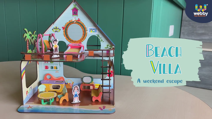 Webby Beachvilla The Weekend Escape All Side Play Doll House for Girls & Boys DIY Paint Wooden Doll House Toy with Furniture for Kids