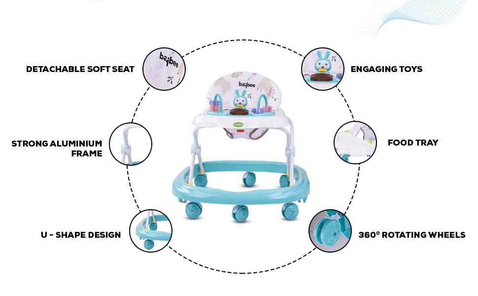 Bizzy Round Baby Walker for Kids 3 Position Adjustable Height & Rattle Toys and Music 6 - 18 Months