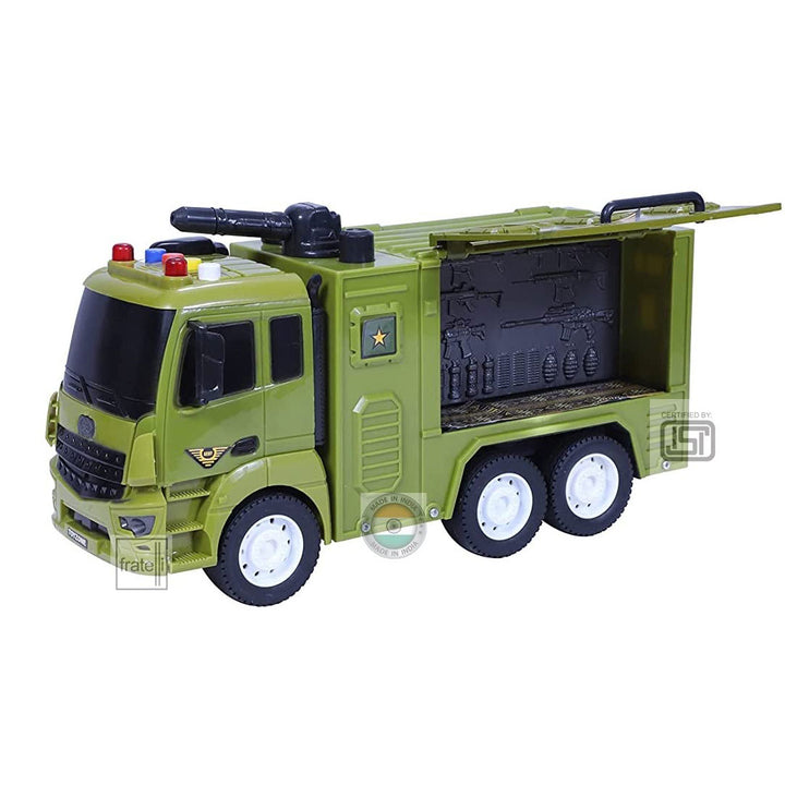 Toyzone Pull Back Friction Powered Toys for Kids ( Big Size Squad Army Truck Toy for Boys/Girls with Guns Bombs, with Music Sync Lights & Siren Sound Effects)