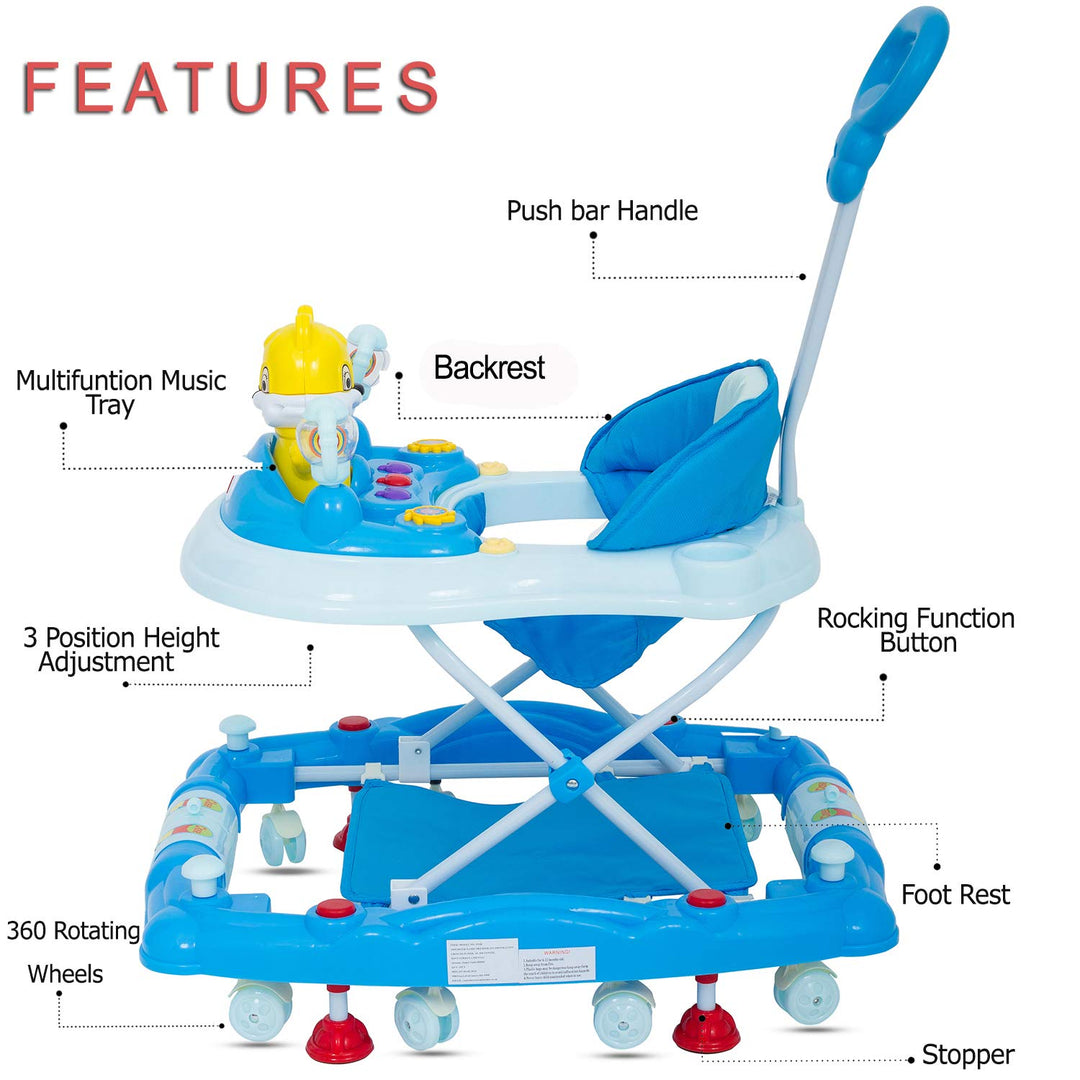 Looey Baby Walker Cum Rocker - Round Kids Walker for Babies Cycle with Music & Light Rattles and Toys Ultra Soft Seat, Push Bar Activity Walker for Kids 6 Months to 2 Years