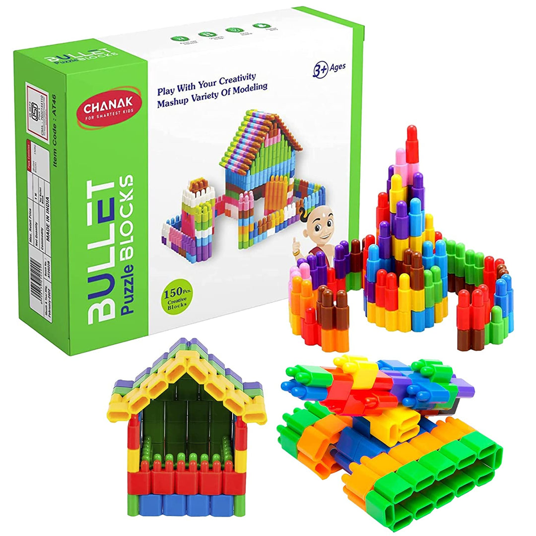 Plastic DIY Interlocking Building Block Bullet Puzzle Blocks Fun Creative Construction Toy Playset with Storage Box for Kids & Toddlers ( Pack of 150, Multicolor)