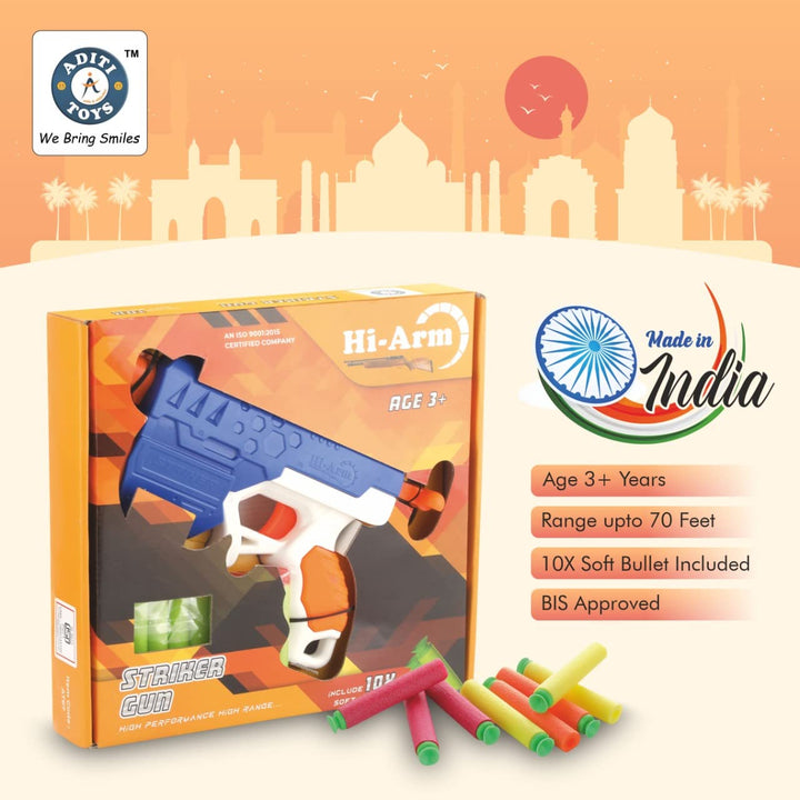 Aditi Toys Hi-Arm Blaster Soft Bullet Gun - 60 Feet || BIS Approved, Multi-Color.